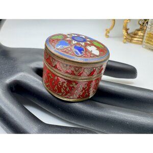 Vintage Brass Enamel Cloisonne Oval Trinket Pill Box Flowers From Thailand
